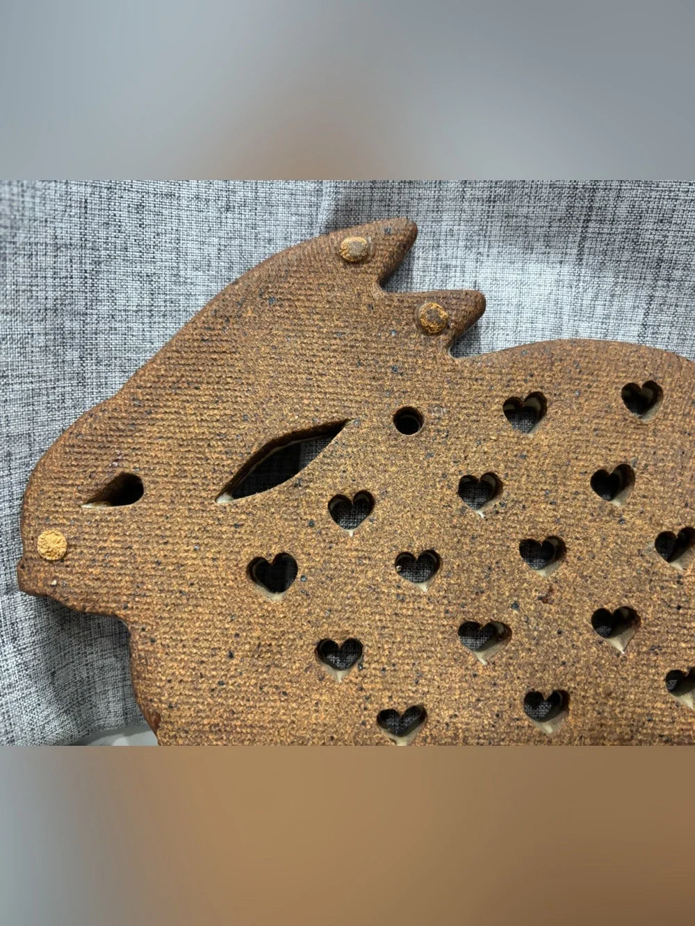 Vintage Stoneware Rabbit Trivet w/Speckled Glaze & Cut-Out Heart Shapes